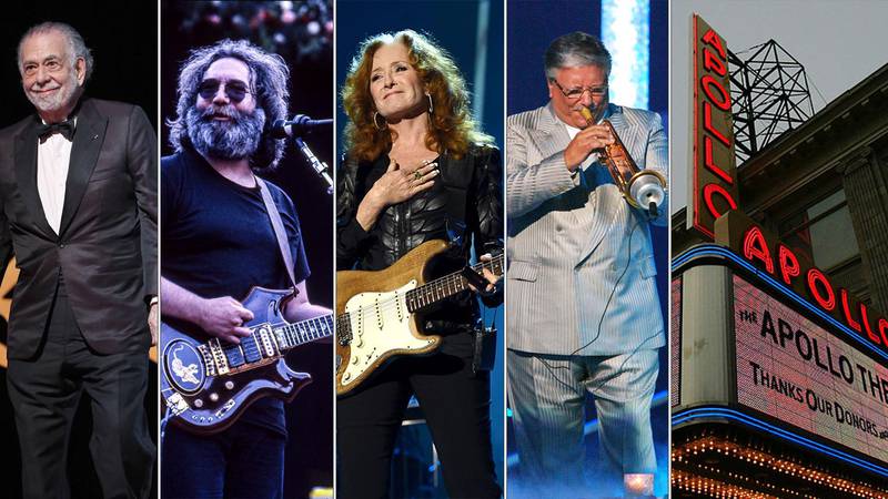 Francis Ford Coppola, Grateful Dead; Bonnie Raitt, Arturo Sandova and the Apollo in a composite photo